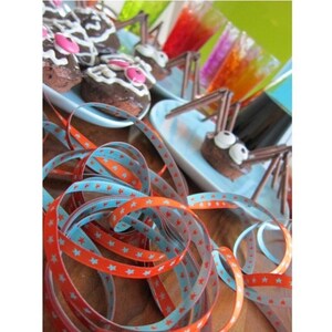 1 m woven ribbon with star, orange-turquoise, width 7 mm image 1