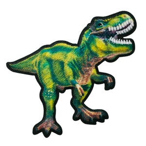 Könnte beinhalten: Ein grüner und gelber Dinosaurier mit schwarzem Umriss. Der Dinosaurier steht auf allen Vieren und hat den Mund offen.