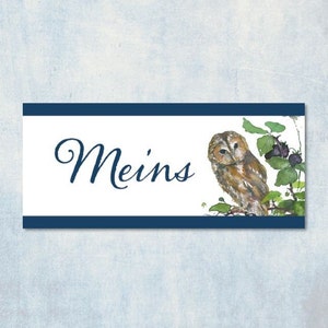 Sewing labels 5 pieces MEINS, owl, woven label, patch, berries, leaves, approx. 2 x 4.5 cm, sew