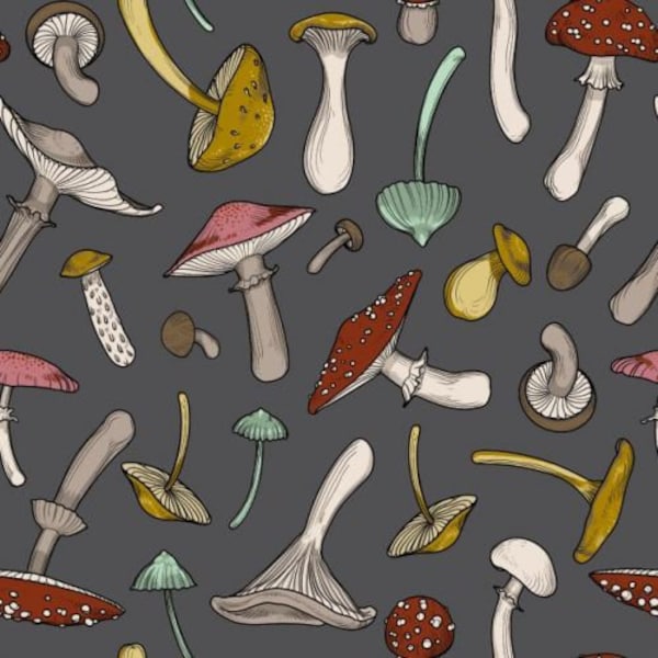 Cotton fabric mushrooms, forest whispers, noble mushrooms, Krempling, boletus, chanterelle, mushroom, oyster mushroom, autumn trumpet, fabric, 0.50 m