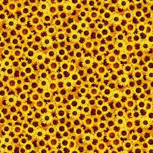 May include: A close-up image of a dense pattern of sunflowers. The flowers are in full bloom, with bright yellow petals and dark brown centres. The composition creates a visually rich and textured floral design, suitable for fabric or wallpaper.