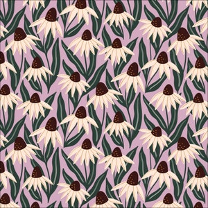 May include: A repeating pattern of white coneflowers with dark brown centres and green leaves on a light purple background. The floral design is a stylized illustration, creating a seamless and decorative pattern.