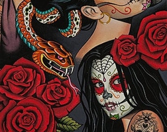 Baumwolle La Catrina, Rosen, Skulls, Tattoo, Schlange, Baumwollstoff, Patchworkstoff, Stoff, Webware, nähen, 0,50m