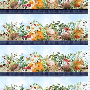 Cotton border hedgehog fox rabbit butterflies squirrels, strawberries, mushrooms, Hedgehog Hollow, sewing, fabric, patchwork fabric, woven fabric
