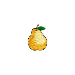Op de afbeelding: Geborduurde gele peer met een groen blaadje, een simpel en schattig ontwerp.