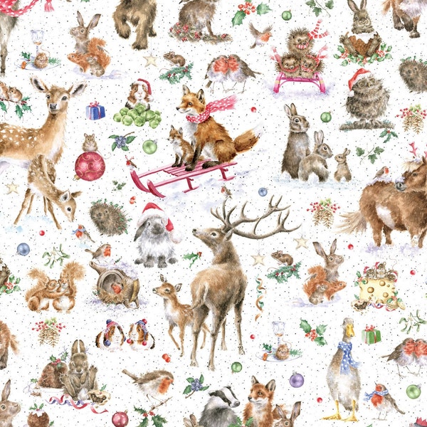 Cotton Fabric Christmas Baubles Reindeer Hedgehog Fox Rabbit Cat Birds Hat Scarf Sewing Cotton Fabric 0.50m