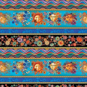 Peut inclure: Un tissu coloré avec un motif répétitif de soleils, de fleurs et de lignes ondulées. Les soleils ont des visages humains et sont entourés de papillons et de fleurs. Le tissu est dans des tons de bleu, orange, jaune, vert et violet.
