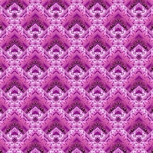 Könnte beinhalten: Ein sich wiederholendes Muster aus stilisierten, dreidimensionalen Formen in verschiedenen Rosa- und Lilatönen. Das Design zeigt eine Reihe von abgerundeten, strukturierten Formen mit komplizierten, wirbelnden Details, wodurch eine visuell komplexe und dynamische Oberfläche entsteht.