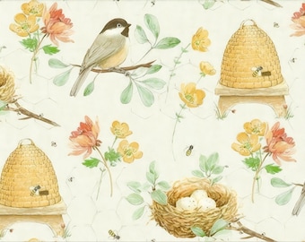 Katoenen stof met vogels, bijen, bloemen, vogelnest, koolmees, patchworkstof, tassen, kussens, 0,5 m