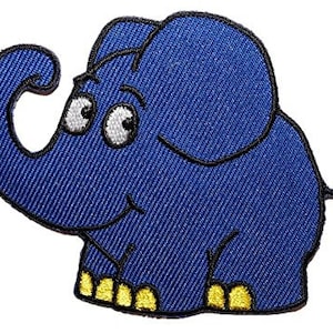 Könnte beinhalten: Blauer gestickter Bügelaufkleber mit einem Cartoon-Elefanten mit gelben Füßen.
