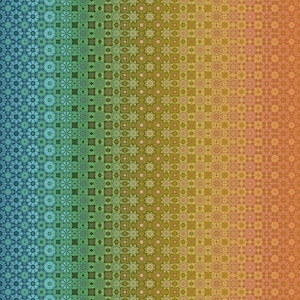 Op de afbeelding: Een naadloos patroon met een kleurengradiënt, dat overgaat van blauw naar groen, dan naar geel en tenslotte naar oranje. Het patroon bestaat uit herhalende bloemen en geometrische vormen, waardoor een textuureffect ontstaat.