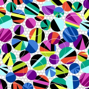 Könnte beinhalten: Ein nahtloses Muster aus bunten Kreisen mit geometrischen Designs auf weißem Hintergrund mit einem dezenten grauen Punktmuster.