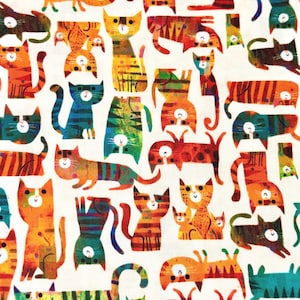 Cotton fabric with colorful cats – cheerful animal fabric for patchwork, quilts & creative sewing ideas, ideal for cat lovers, 0.5 m