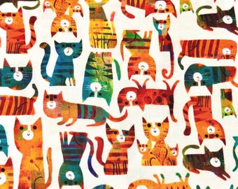Katoenen stof met kleurrijke katten – vrolijke dierenstof voor patchwork, quilts en creatieve naaiprojecten, ideaal voor kattenliefhebbers, 0,5 m