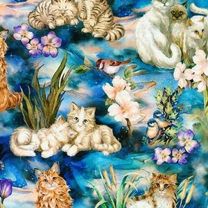 Baumwolle Katzen Vögel  Gräser Blumen, Blüten, Sterne Landschaft, nähen, Katzenstoff, Patchworkstoff, Stoff, 0,50m