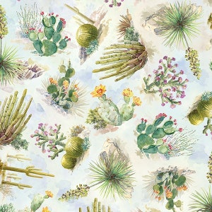 Baumwolle KAKTEEN, BLÜHENDE KAKTEEN, Kaktus, Aloe Vera, Sukkulenten, Blüten, Botanisch, Pflanzen, Digitaldruck, Patchworkstoff, Stoff, 0,50m