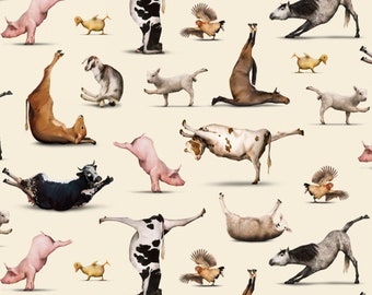 Cotton yoga is for everyone NAMASTE, animals, fun, horses, cows, goats, asana, sewing, fabric, cotton fabric, 0.50 m