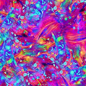 Pode incluir: Arte digital abstrata com uma paleta de cores vibrantes de rosa, azul, verde e amarelo. A obra de arte apresenta linhas e formas que giram, criando uma composição dinâmica e energética.