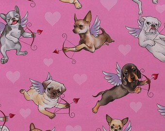 Cotton Dogs Love Alexander Henry, PUPPIES LOVE, puppies, dog breeds, heart, bow and arrow, sewing, fabric, 0.50 m