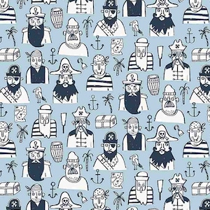 Coton pirate boucanier trésor, trésor pirate, capitaine, ancre, mouette, marin, perroquet, carte au trésor, couture, tissu, 0,50 m