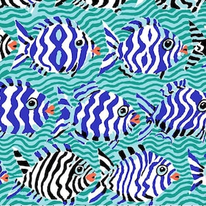 May include: A repeating pattern of stylized fish in shades of blue, white, and black. The fish have striped bodies and orange lips, set against a teal wavy background. The design is reminiscent of an ocean theme.