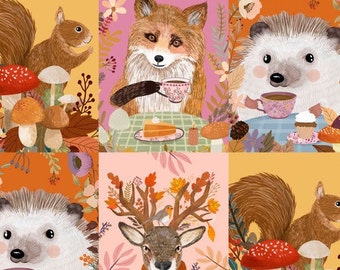 Baumwollstoff Fuchs Igel Eichhörnchen, Hirsch, Floral, Pilze, Autumn Friends, Free Spirit, Panel, nähen, Patchworkstoff, Stoff, 0,30m