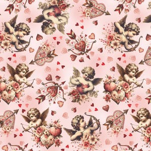 May include: A repeating pattern featuring cherubs with bows and arrows, hearts, and floral arrangements in shades of red, pink, and cream. The design includes decorative arrows and heart-shaped elements, set against a soft pink background.