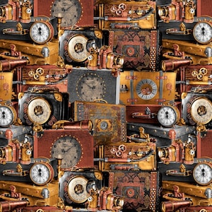 Peut inclure: Un motif d'inspiration steampunk vintage avec divers horloges, engrenages et autres éléments mécaniques dans des tons dorés, bruns et rouges.
