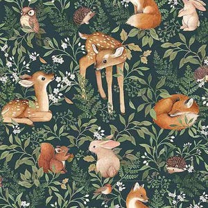 Algodón animales del bosque conejo erizo zorro, ciervo, oso, petirrojo, setas, Dear Stella Design - Sauce, costura, tela patchwork, tela, 0,50 m