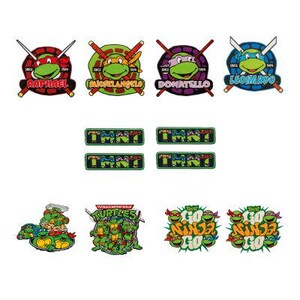 May include: Set of 10 Teenage Mutant Ninja Turtles themed iron-on patches. The patches feature the four turtles, Raphael, Michelangelo, Donatello, and Leonardo, as well as the words "TMNT" and "Go Ninja Go!"