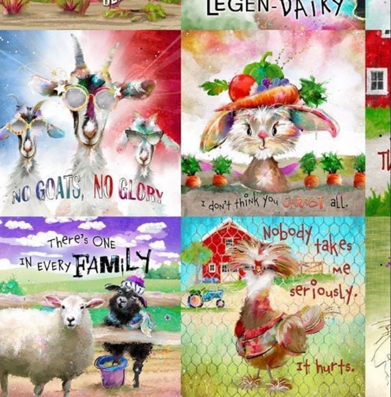 Baumwollstoff Tierpanel Funny Animals Bauernhof Tiere Sprüche Digitaldruck Patchworkstoff Nähen 0,29 m