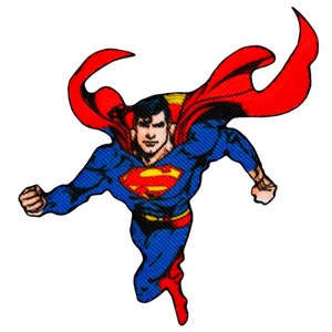 Peut inclure: Un Superman rouge et bleu volant avec sa cape flottant derrière lui. Le logo Superman est visible sur sa poitrine.