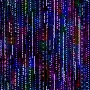 Peut inclure: Œuvre d'art numérique abstraite représentant des flux de code binaire sur fond sombre. Des chiffres blancs défilent verticalement, créant un effet visuel dynamique et coloré avec des teintes de bleu, de violet et de vert.