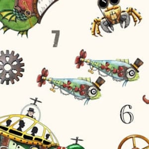 Peut inclure: Un fond blanc avec une variété d'illustrations inspirées du steampunk, notamment un sous-marin, un poisson, un crabe, un dragon et des engrenages. Les chiffres 6 et 7 sont également visibles.