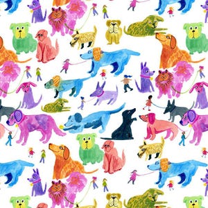 Puede incluir: Una ilustración colorida de muchos perros sobre un fondo blanco. Los perros son de diferentes razas y colores, y todos llevan collares. Algunos de los perros están caminando con correas, mientras que otros están jugando o corriendo. La ilustración está hecha en un estilo caprichoso, con colores brillantes y líneas audaces.