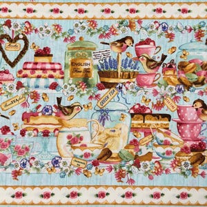 Baumwollstoff Kaffee Porzellan Gebäck Vögel Blumen Bordüre – Henry Glass, Patchworkstoff Meterware für Küche Quilt Taschen, 0,5 m
