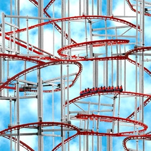 Katoen ROLLER COASTER, rit, markt, volksfeesten, pretparken, pretpark, naaien, patchworkstoffen, stof, 0,50 m