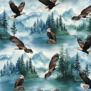 May include: A repeating pattern showing bald eagles soaring and resting, set against a backdrop of a misty lake, evergreen trees, and mountain ranges. The eagles have brown and white feathers with yellow beaks. The color palette includes shades of blue, green, and brown.