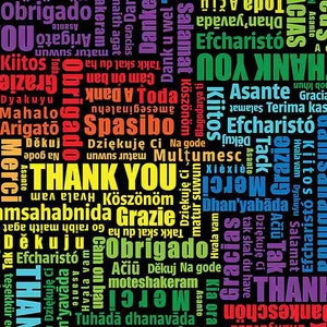 Baumwolle DANKESCHÖN MERCI  GRAZIE, Dank je, Gracias, Dziękuję Ci, Спасибо, Köszönöm, nähen, Patchworkstoff, Stoff, 0,50m