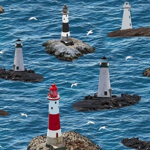 Cotton LIGHTHOUSE Maritime WISH, island, lighthouses, seagulls, nautical, sewing, fabric, patchwork fabric, 0.50 m
