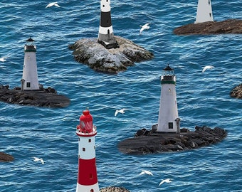 Baumwolle LEUCHTTURM Maritim FERNWEH, Insel, Leuchttürme, Möwen, Nautical, nähen, Stoff, Patchworkstoff, 0,50 m