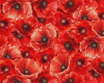 Katoenen stof met klaprozenbloesems, patchworkstof voor tassen en kussens, Timeless Treasures, 0,5 m