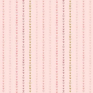 May include: A pink background with vertical rows of small hearts in shades of pink and gold.