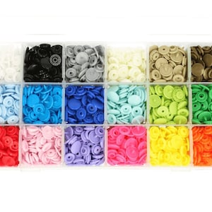 Può includere: Una scatola di contenimento in plastica trasparente piena di 12 scomparti di bottoni a pressione in plastica colorati. I bottoni sono di vari colori, tra cui rosso, rosa, blu, verde, giallo e bianco.
