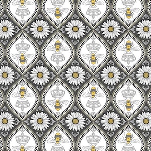 May include: A seamless pattern featuring a repeating design of bees, crowns, and daisies. The bees are yellow and black, the crowns are silver, and the daisies are white with yellow centers. The background is a dark gray color.