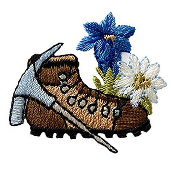 Bügelbild Bergschuh Edelweiß Enzian Eispickel nähen, Wanderschuh, Bergsteigerschuh, Bergsteigerzubehör, Patches, Aufnäher