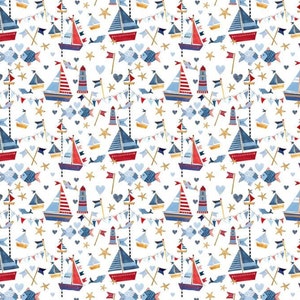 Cotton sailboats, starfish, lighthouse, boat, seagulls, maritime, fish, pennant chain, flags, fabric, sewing, patchwork fabric 1.45 m wide