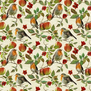 Cotton fabric robins birds, birds, branches, apples, flowers, sewing, cotton, patchwork fabric, fabric, 0.50 m