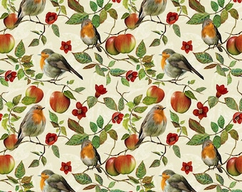 Cotton fabric robins birds, birds, branches, apples, flowers, sewing, cotton, patchwork fabric, fabric, 0.50 m