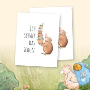 Może przedstawiać: Biała kartka z tekstem "Ich schaff das schon" i kreskówkową ilustracją jeża niosącego stos garnków. Jeż jest brązowy z różowym nosem i białym brzuchem.